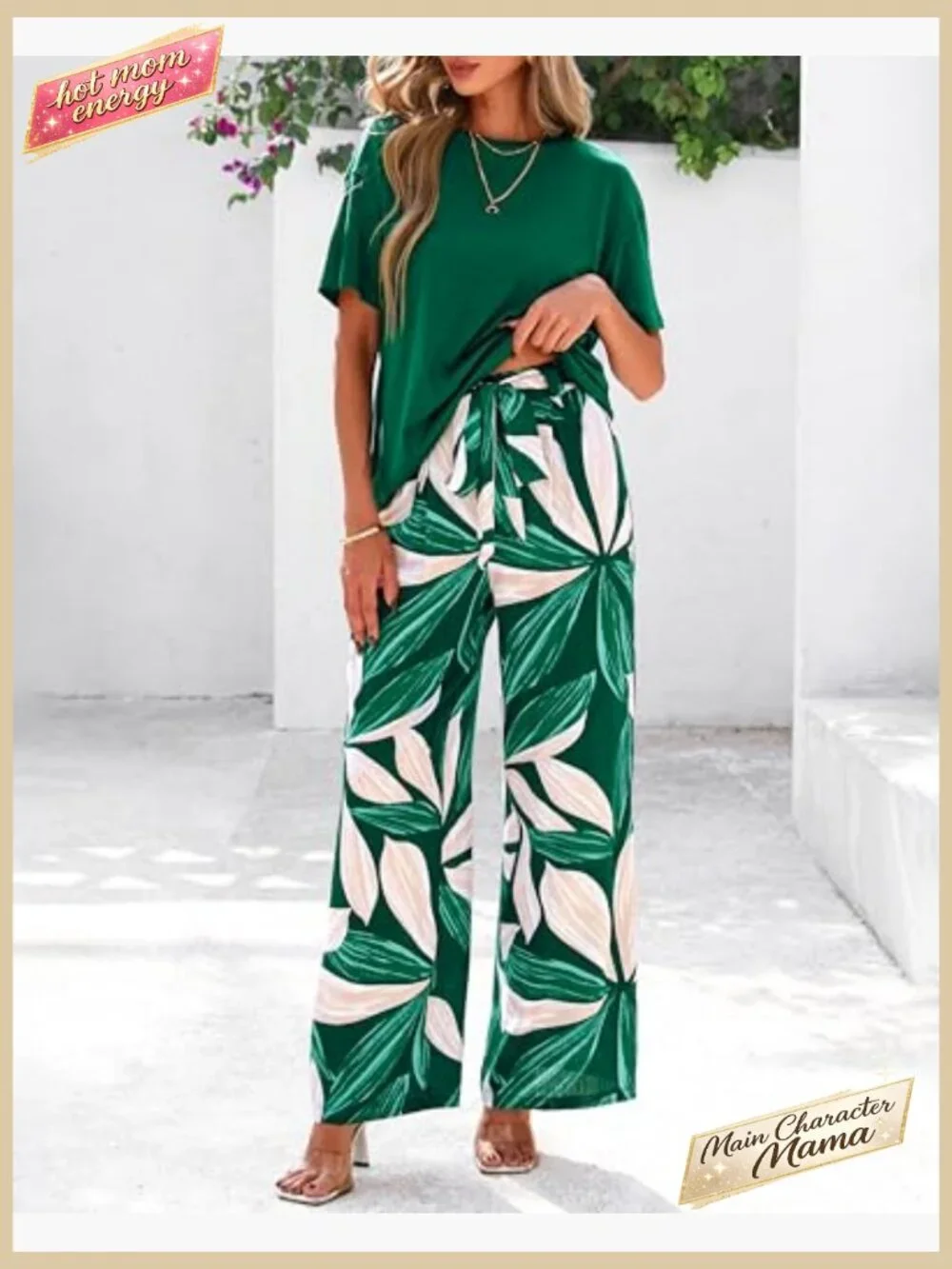 Floral Wide Leg Pant Set Relaxed Fit Knit Top Belted Waist Pockets - Picture 3 of 7